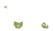 Three green abstract icons on a white background: a small triangular logo above, and two rounded green shapes with white symbols inside.
