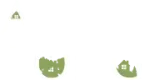 Three green abstract icons on a white background: a small triangular logo above, and two rounded green shapes with white symbols inside.